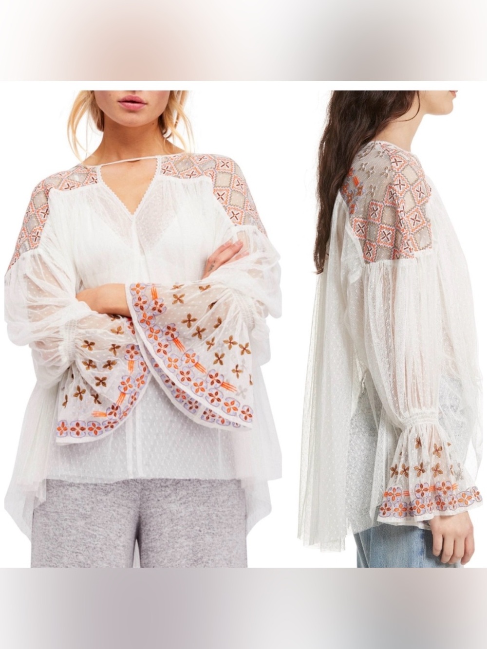 Free People White Sheer Peasant Top with Orange Embroidery